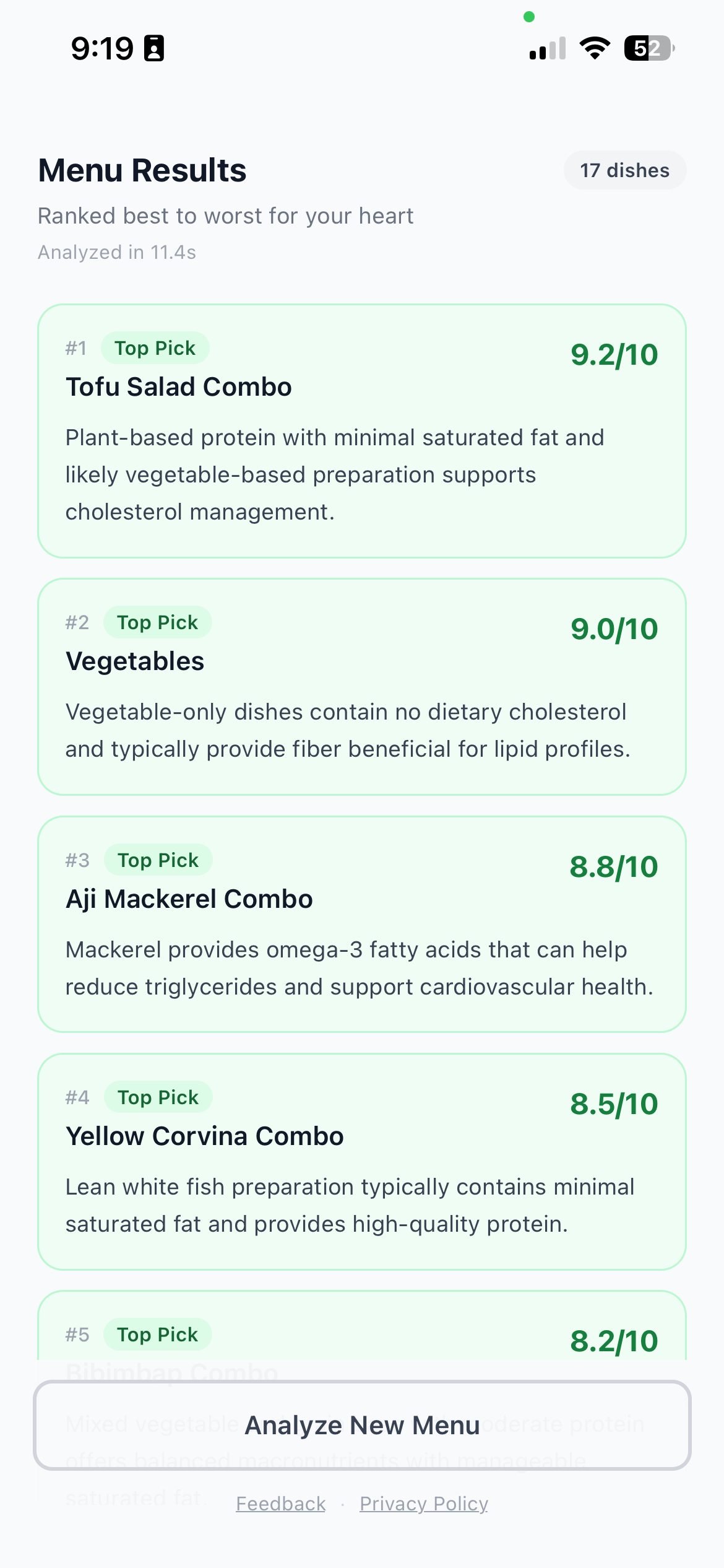 Ranked menu results