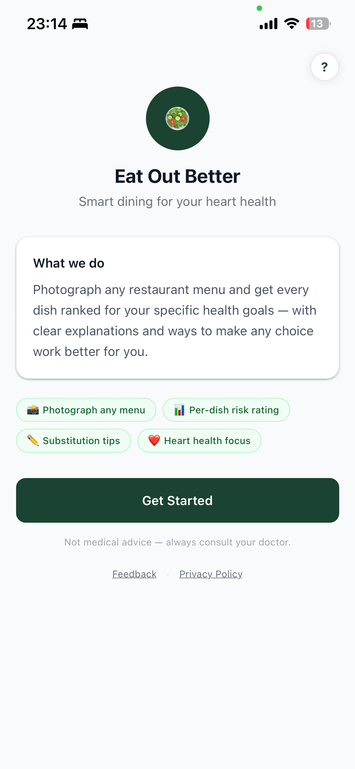 Eat Out Better welcome screen